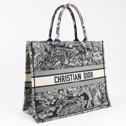 Christian Dior Toile Doo JUY Embroidery Book Large Canvas Tote Bag in Navy Blue