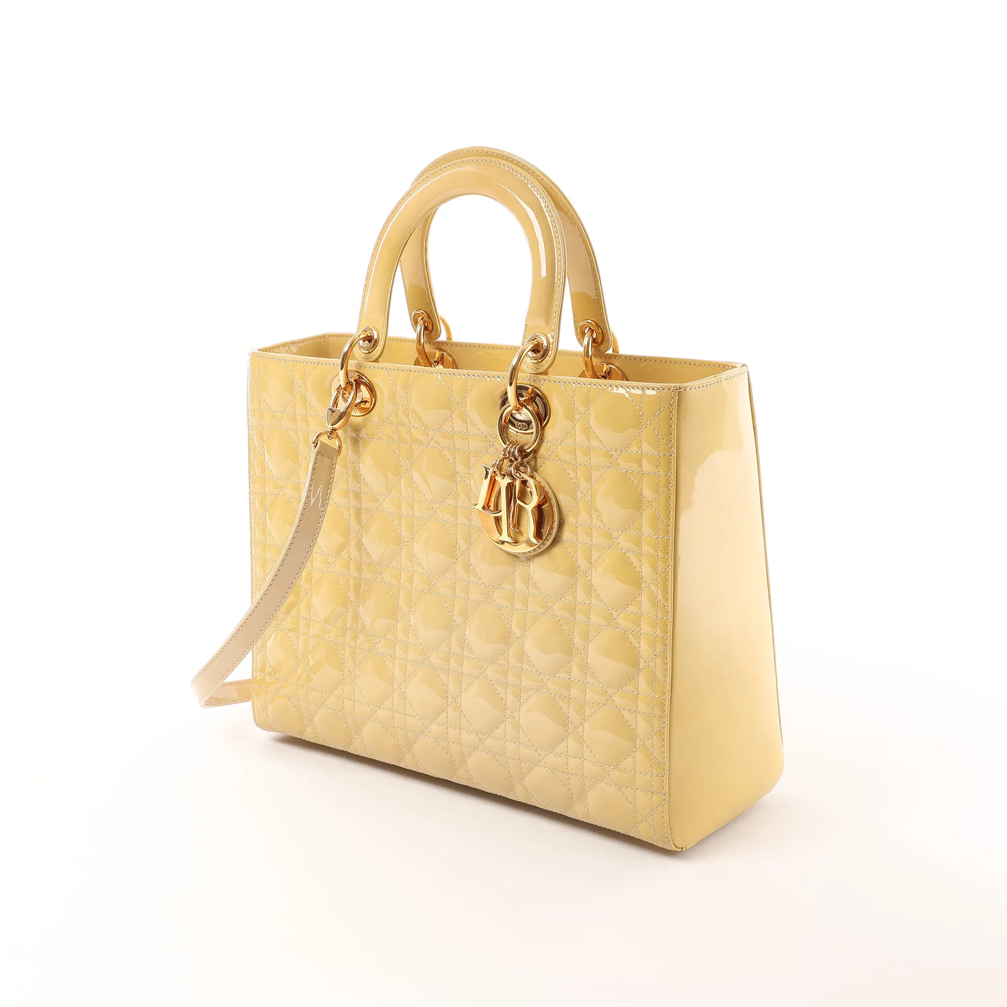 Dior Lady Dior Patent Leather Cannage Large 2Way Handbag in Yellow
