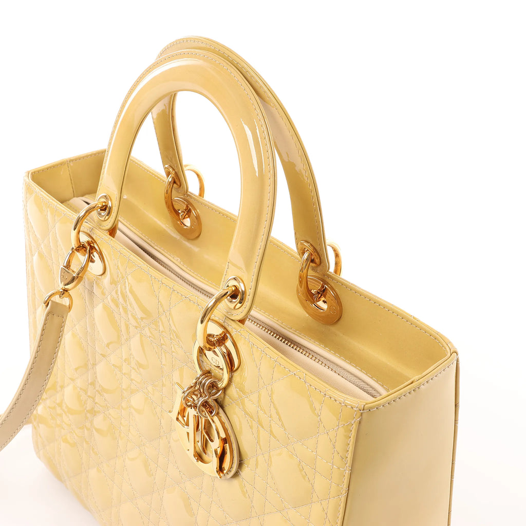 Dior Lady Dior Patent Leather Cannage Large 2Way Handbag in Yellow