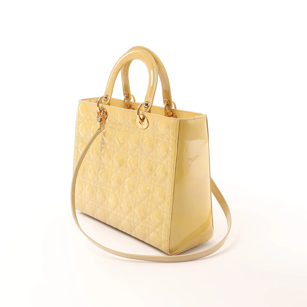Dior Lady Dior Patent Leather Cannage Large 2Way Handbag in Yellow