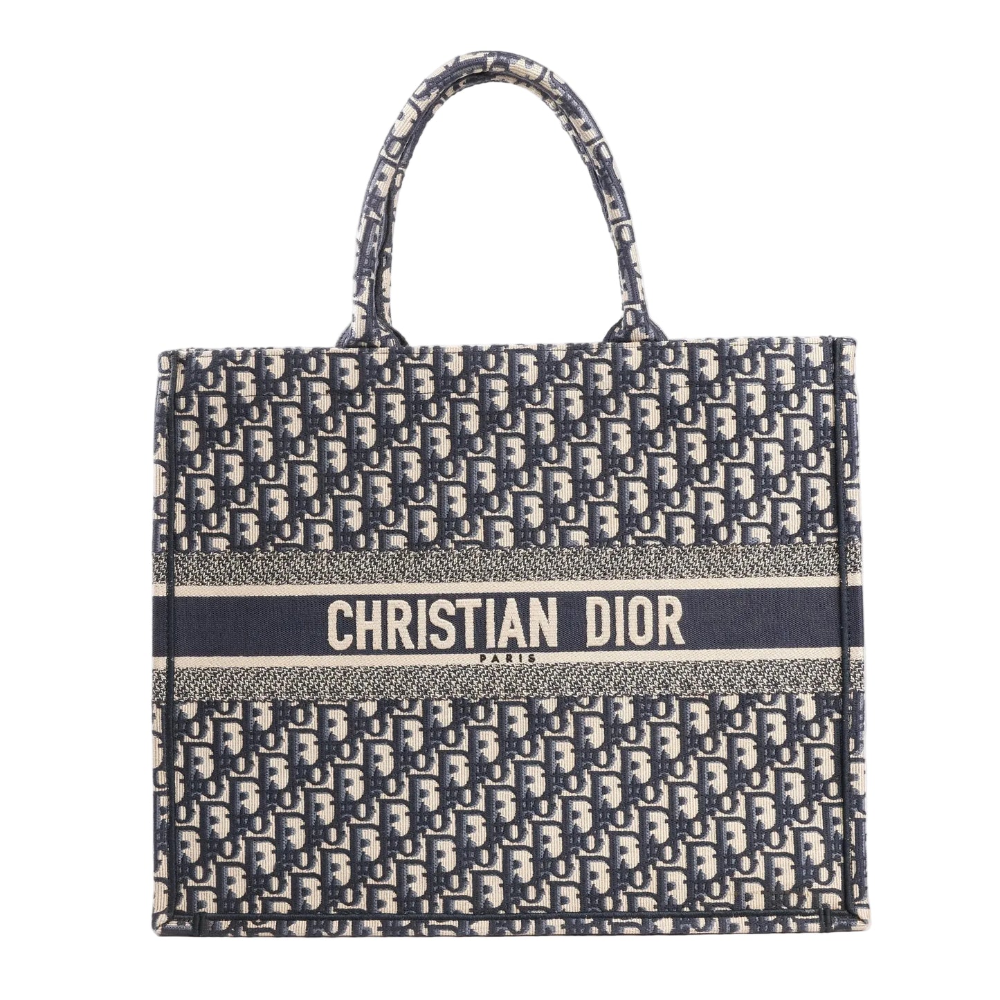 Dior Book Tote large shoulder bag in navy blue Oblique canvas with all-over “Dior” monogram pattern and bold “Christian Dior Paris” logo embroidered across the front.