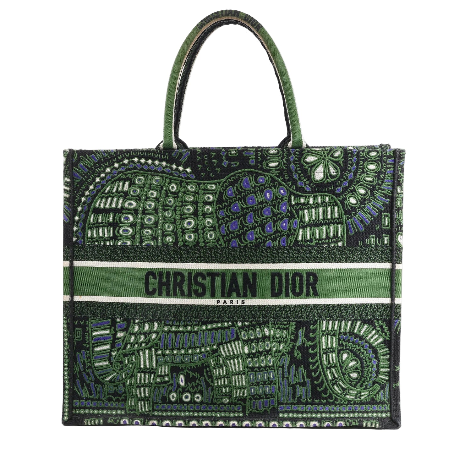 Front view of the Dior Book Tote Large Riviera Canvas Shoulder Bag in green, showcasing an intricate multicolor embroidered pattern with "CHRISTIAN DIOR PARIS" logo band across the center and two structured top handles, photographed against a white background.
