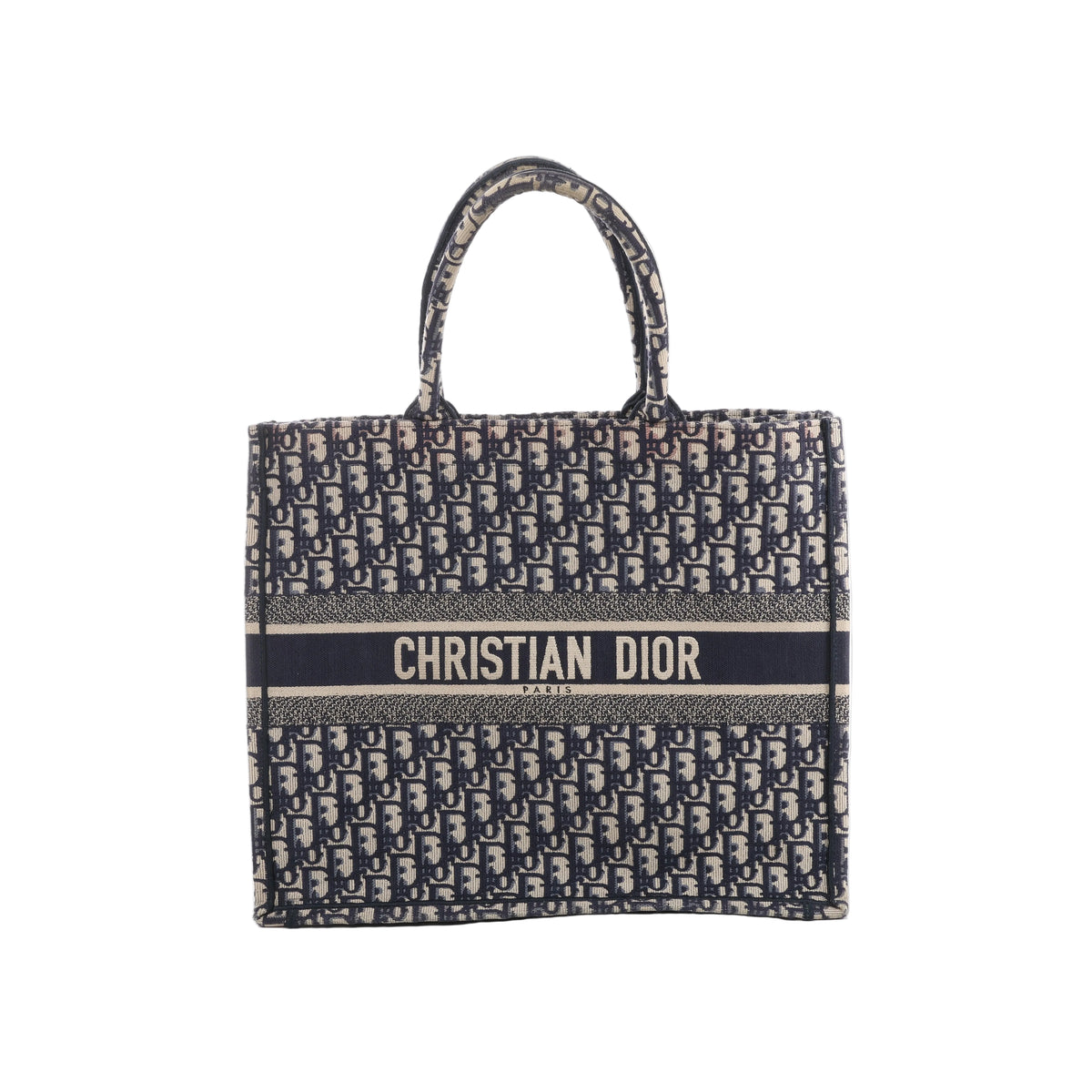Navy blue and beige Christian Dior Book Tote Large with an all-over Oblique pattern, twin handles and a Christian Dior Paris signature band across the front.