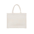 Front view of Christian Dior Book Tote Medium in white canvas with tonal Cannage embroidery, Christian Dior Paris lettering and twin rounded handles.