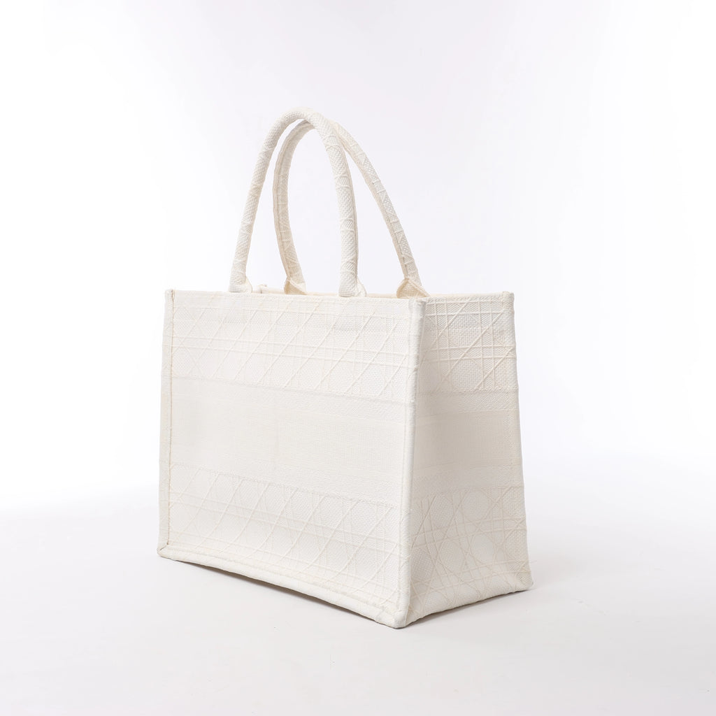 Christian Dior Book Tote Medium Cannage Canvas Shoulder Bag in White