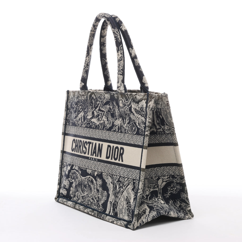 Christian Dior Book Tote Medium Toile Doo JUY Embroidery Canvas Shoulder Bag Navy Blue