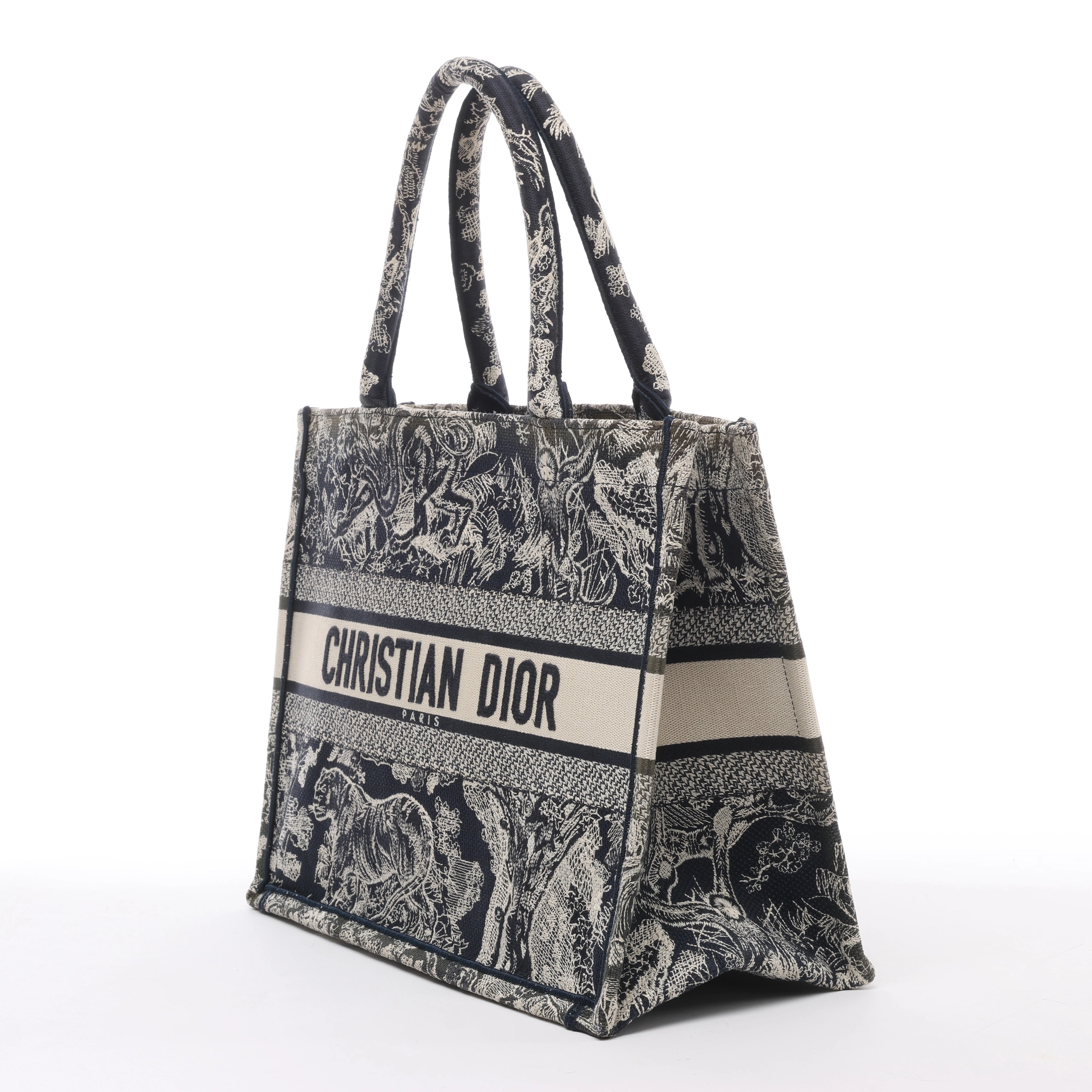 Christian Dior Book Tote Medium Toile Doo JUY Embroidery Canvas Shoulder Bag Navy Blue