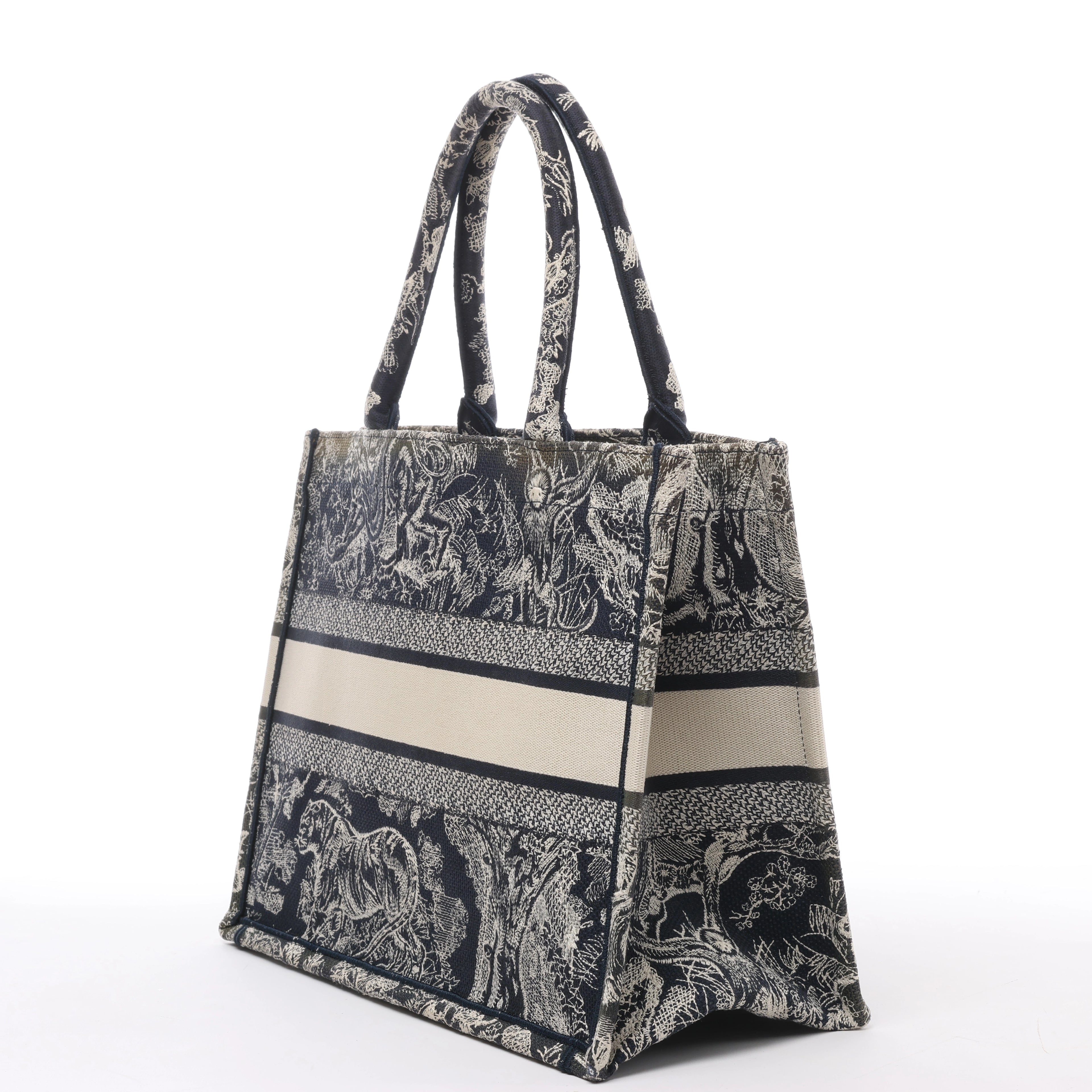 Christian Dior Book Tote Medium Toile Doo JUY Embroidery Canvas Shoulder Bag Navy Blue