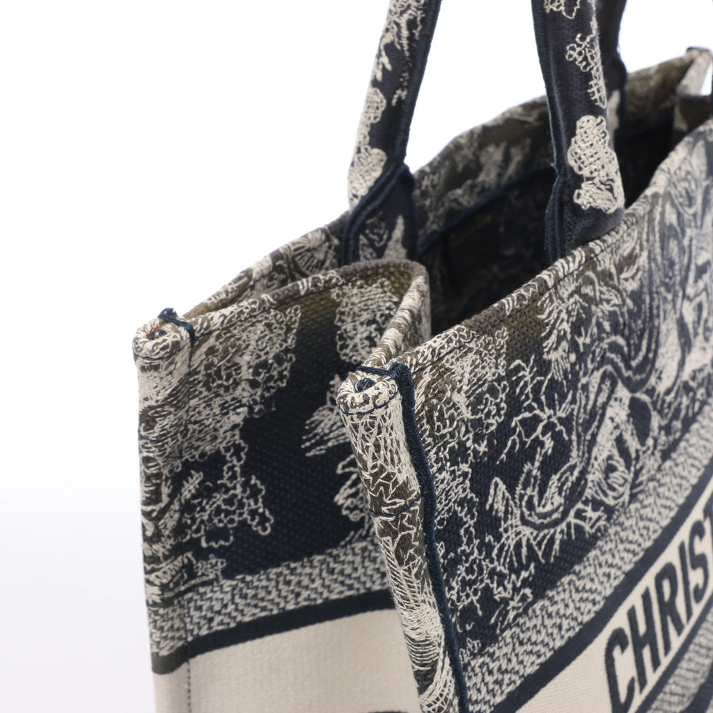 Christian Dior Book Tote Medium Toile Doo JUY Embroidery Canvas Shoulder Bag Navy Blue