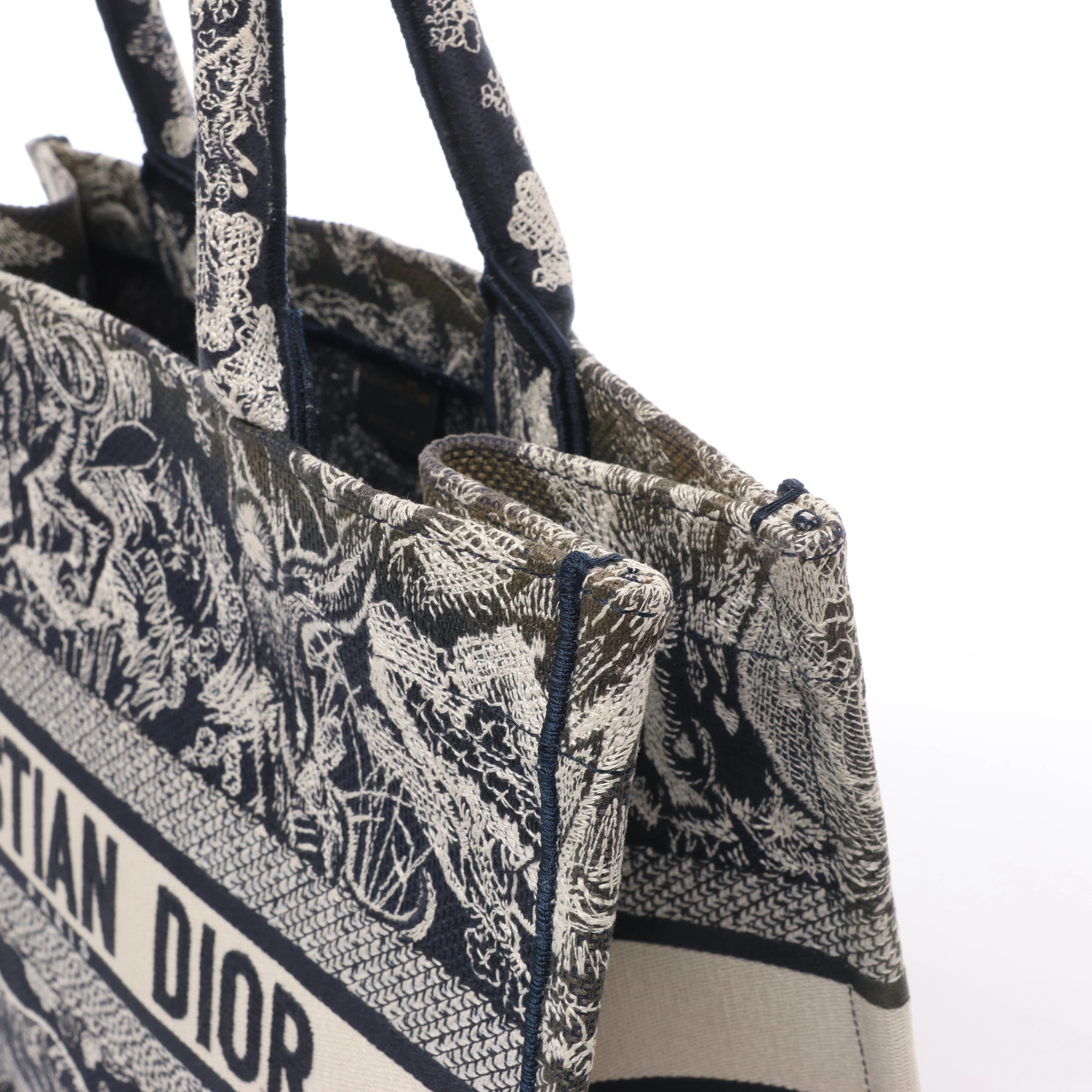 Christian Dior Book Tote Medium Toile Doo JUY Embroidery Canvas Shoulder Bag Navy Blue