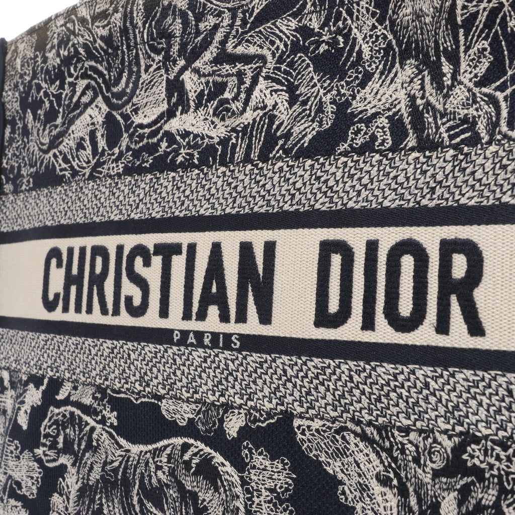 Christian Dior Book Tote Medium Toile Doo JUY Embroidery Canvas Shoulder Bag Navy Blue
