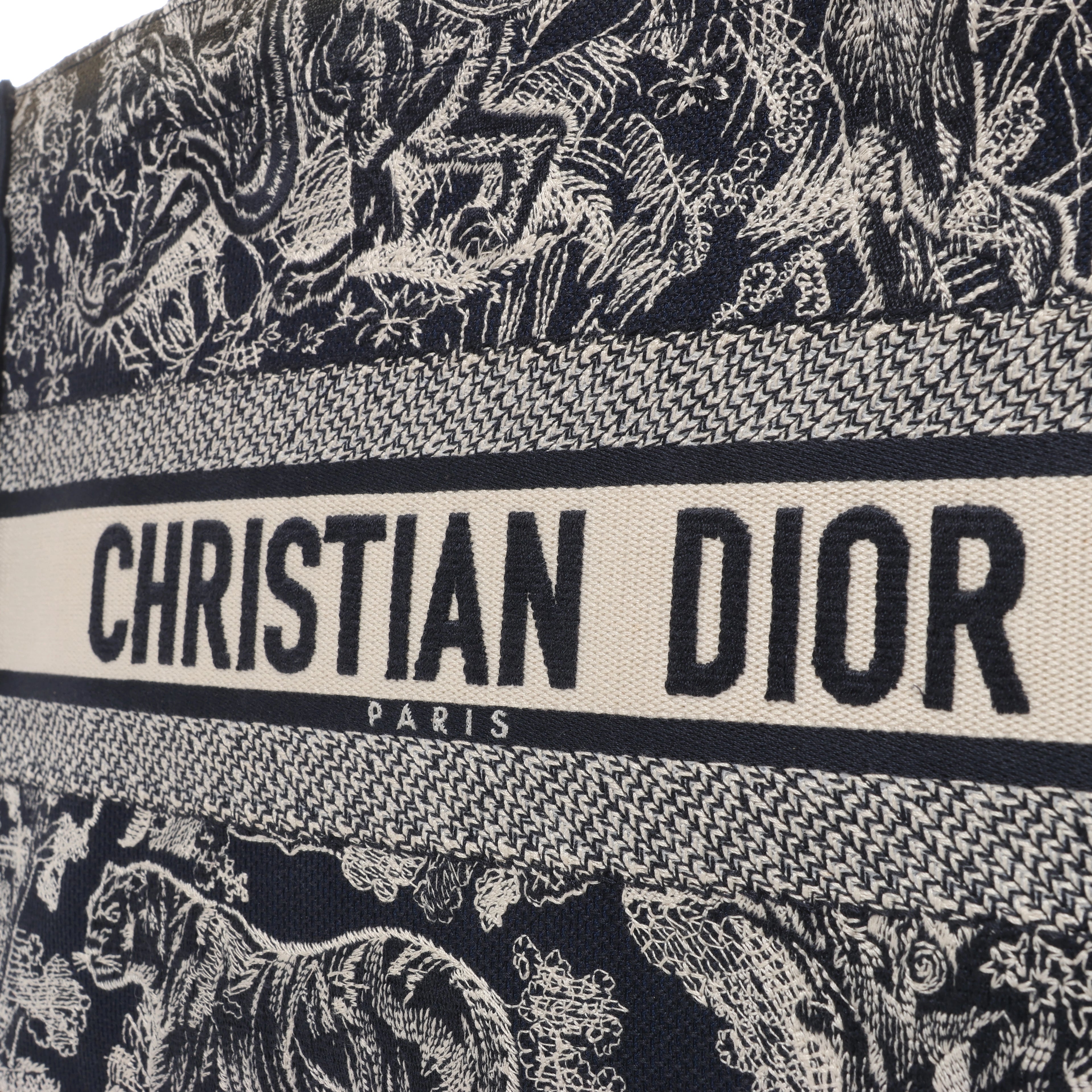 Christian Dior Book Tote Medium Toile Doo JUY Embroidery Canvas Shoulder Bag Navy Blue