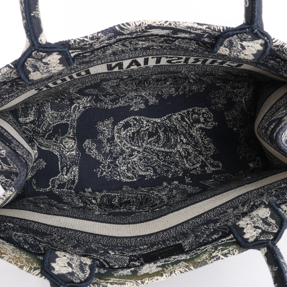Christian Dior Book Tote Medium Toile Doo JUY Embroidery Canvas Shoulder Bag in Navy x Beige
