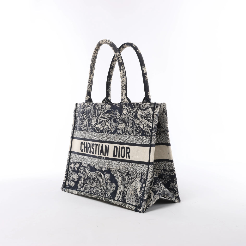 Christian Dior Book Tote Medium Toile Doo JUY Embroidery Canvas Shoulder Bag in Navy x Beige