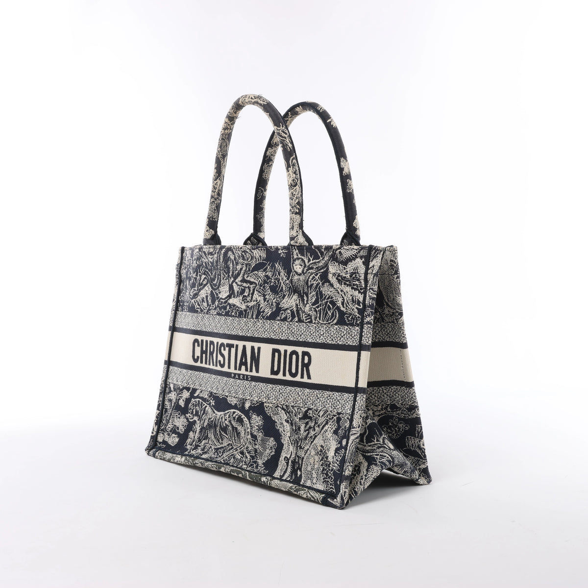Christian Dior Book Tote Medium Toile Doo JUY Embroidery Canvas Shoulder Bag in Navy x Beige