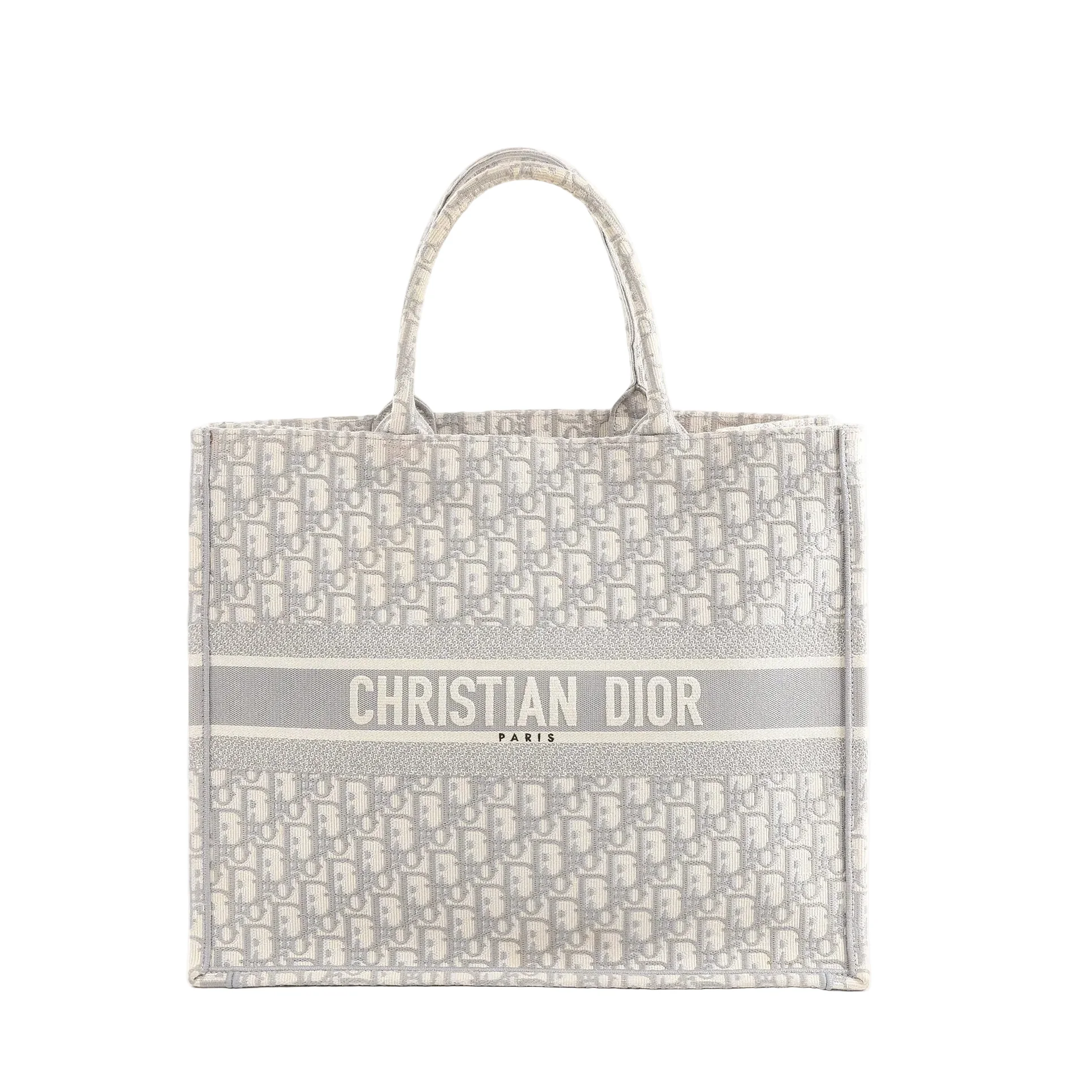 Dior Book Tote Large gray Oblique canvas tote with allover monogram pattern and “CHRISTIAN DIOR PARIS” logo band across front