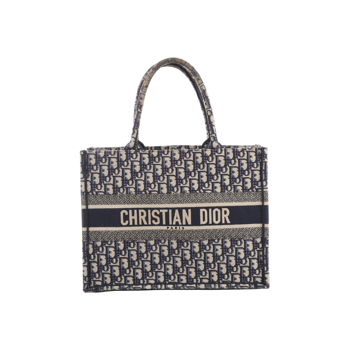 Navy blue and beige Christian Dior Book Tote with an all-over Oblique pattern, twin handles and a Christian Dior Paris signature band across the front.
