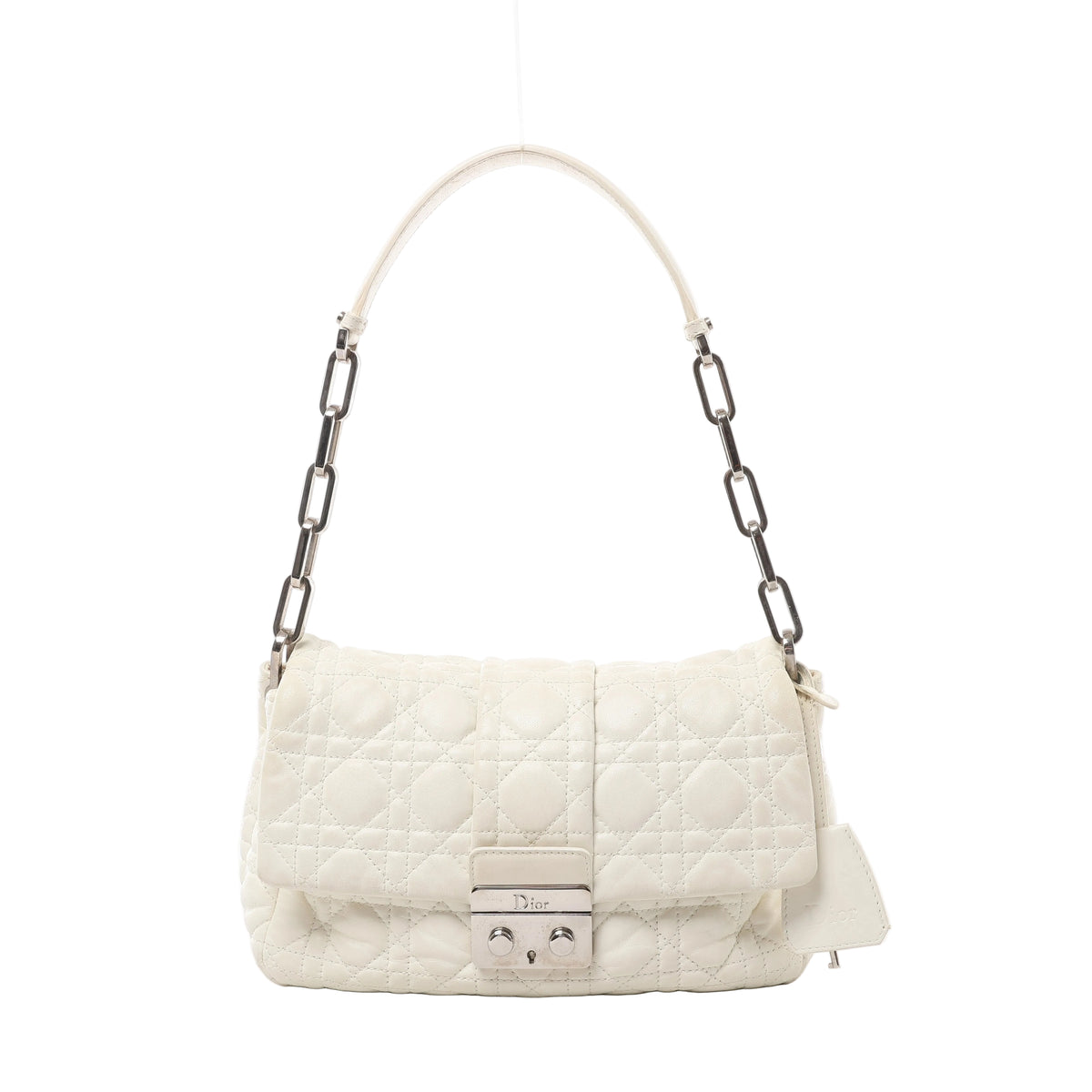 White Christian Dior New Lock shoulder bag with Cannage quilting, a silver-tone chain strap, leather shoulder section and Dior clasp.