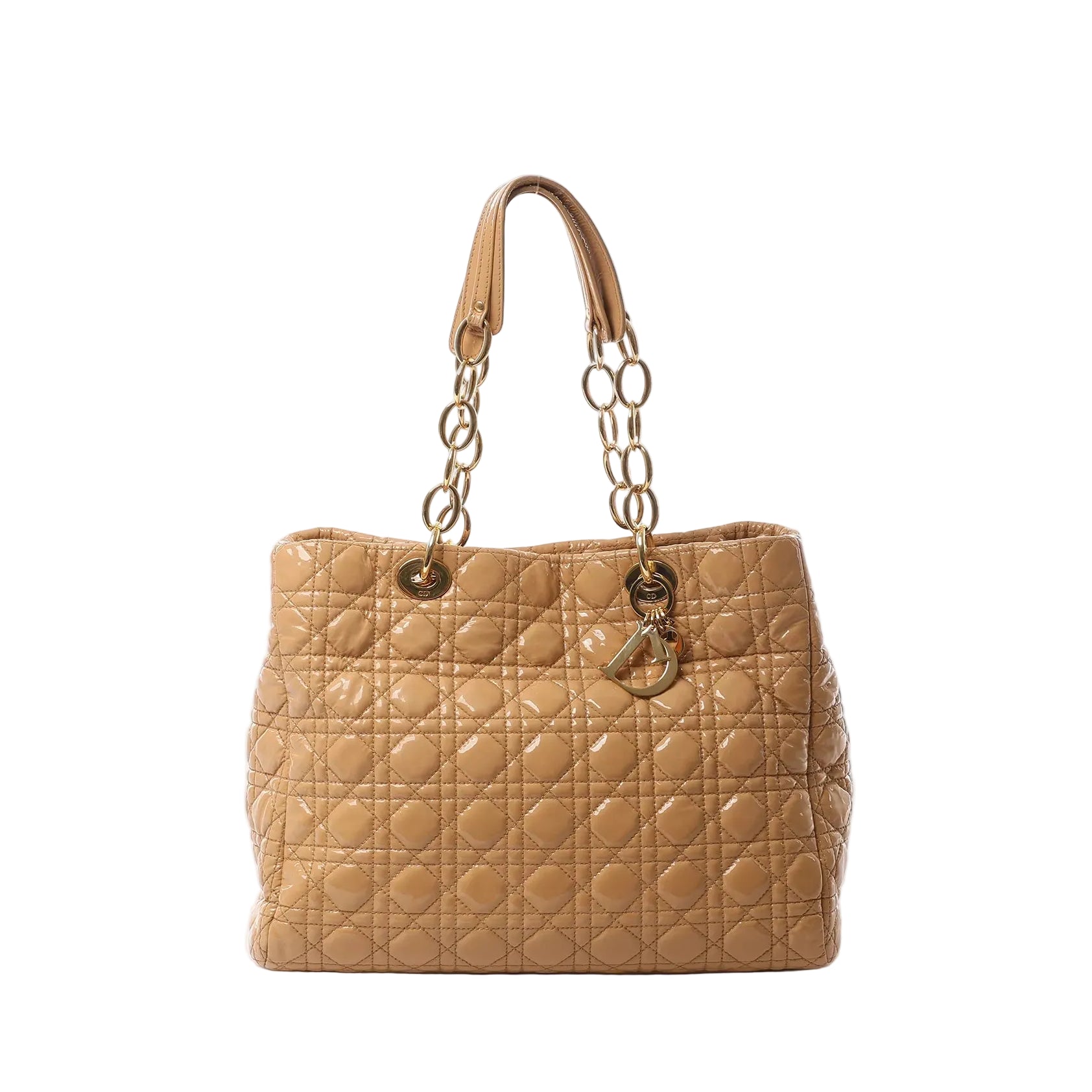 Beige patent leather Dior Soft Lady Dior large shoulder bag with Cannage quilting, gold-tone chain shoulder handles with beige leather pads, and Dior letter charm.