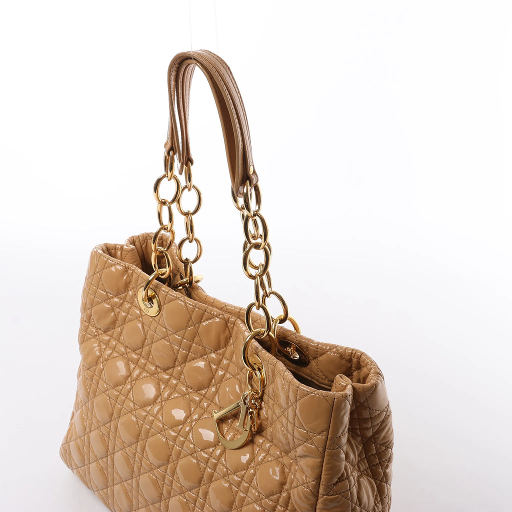 Dior Soft Lady Dior Patent Leather Cannage Large Shoulder Bag in Beige