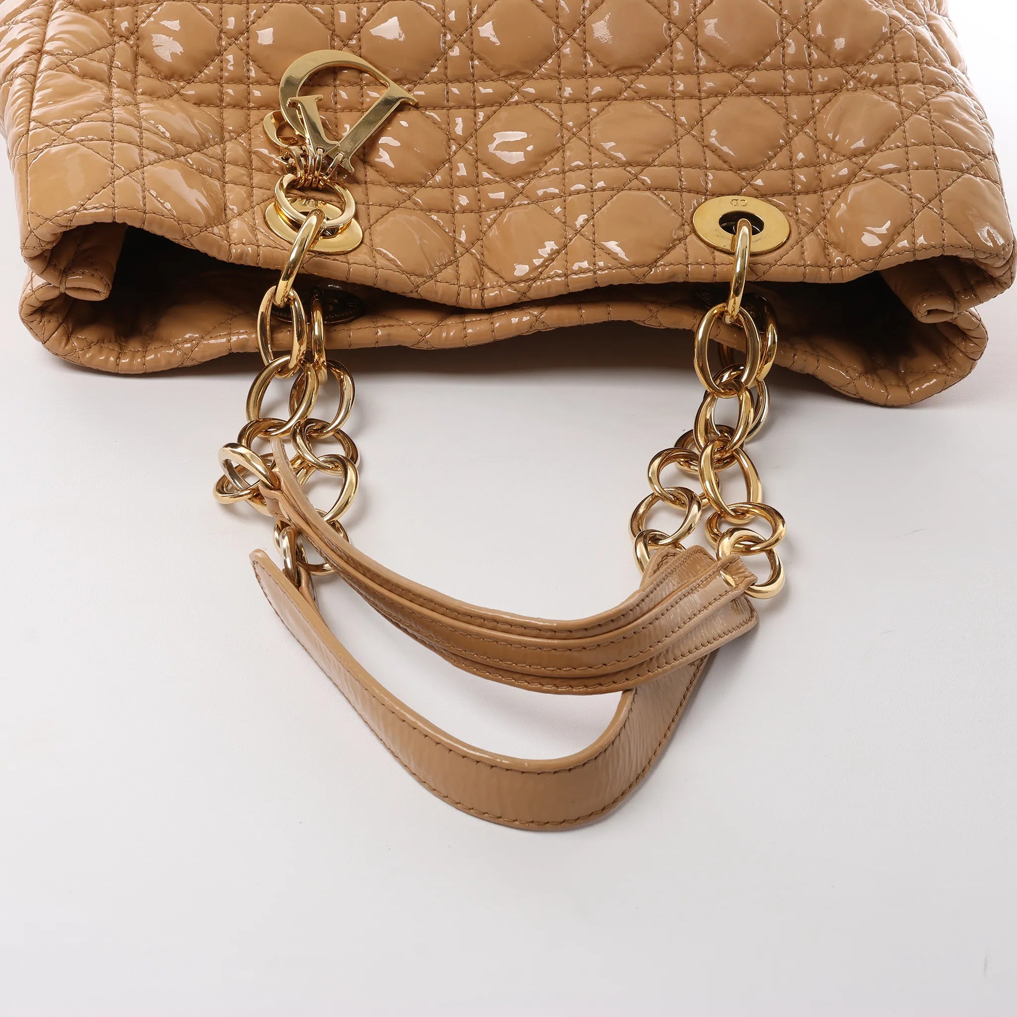 Dior Soft Lady Dior Patent Leather Cannage Large Shoulder Bag in Beige