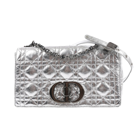 Sac à bandoulière chaîne en cuir Christian Dior Caro en argent métallisé