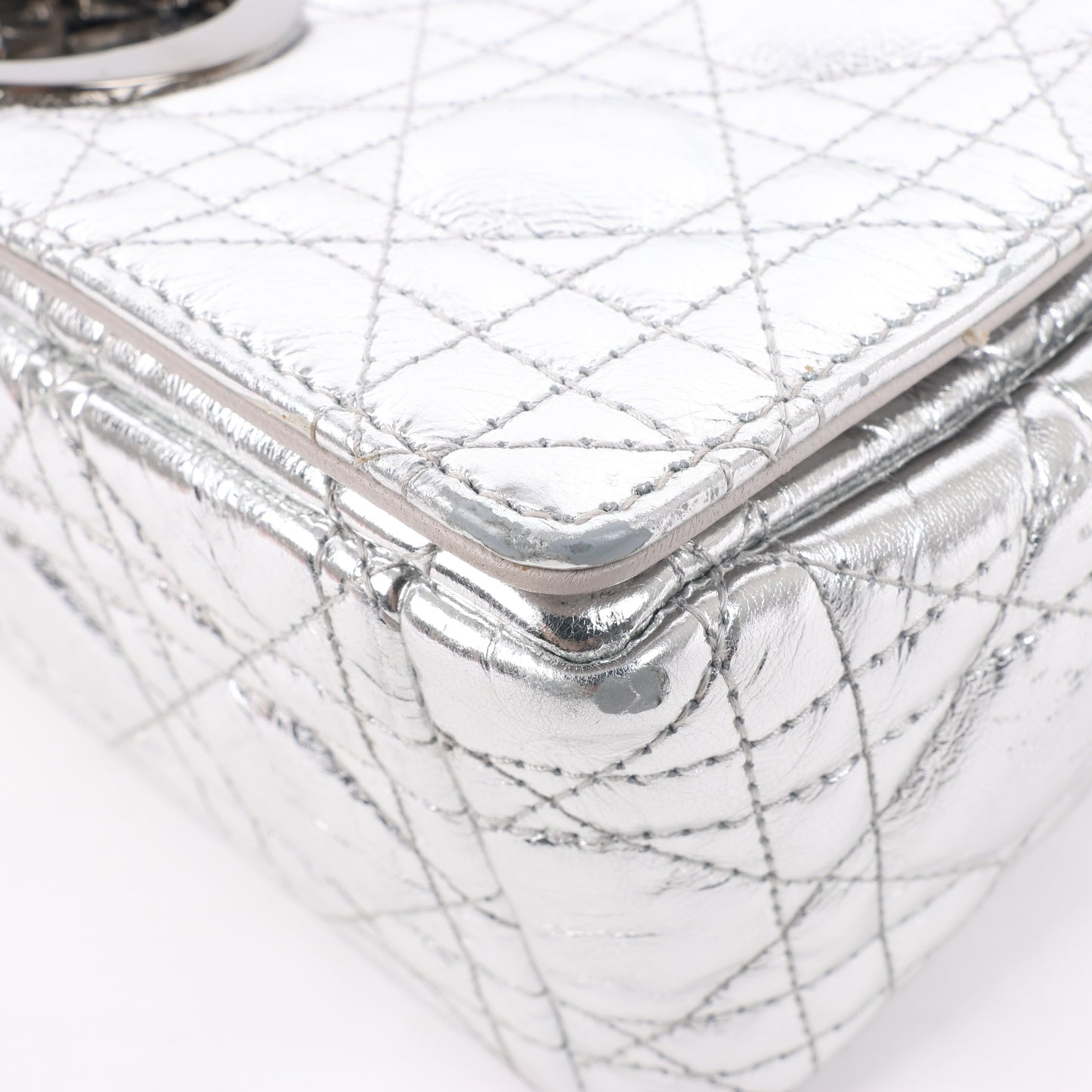 Dior Caro Leather Chain Shoulder Bag in Metallic Silver