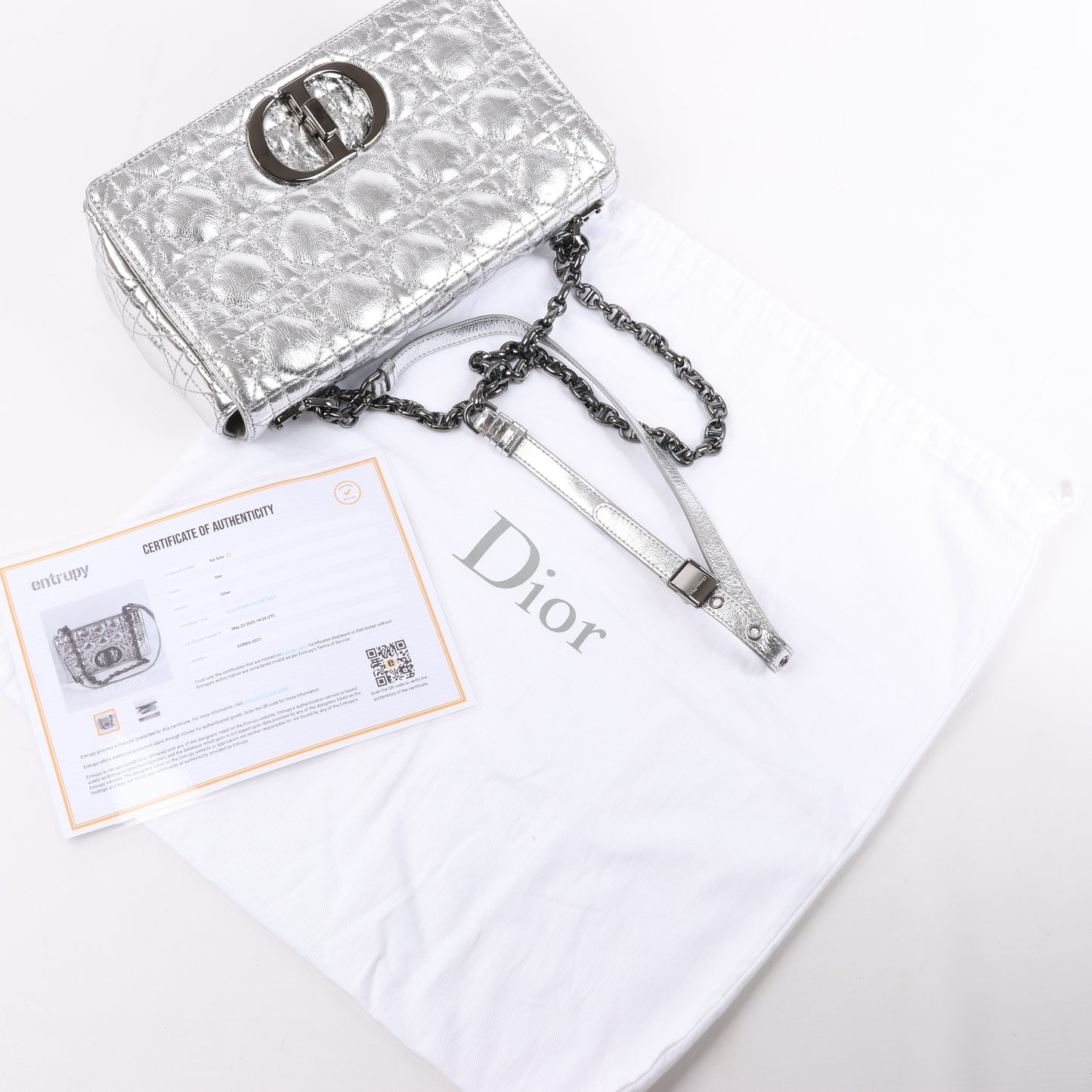 Christian Dior Caro Leather Chain Shoulder Bag in Metallic Silver