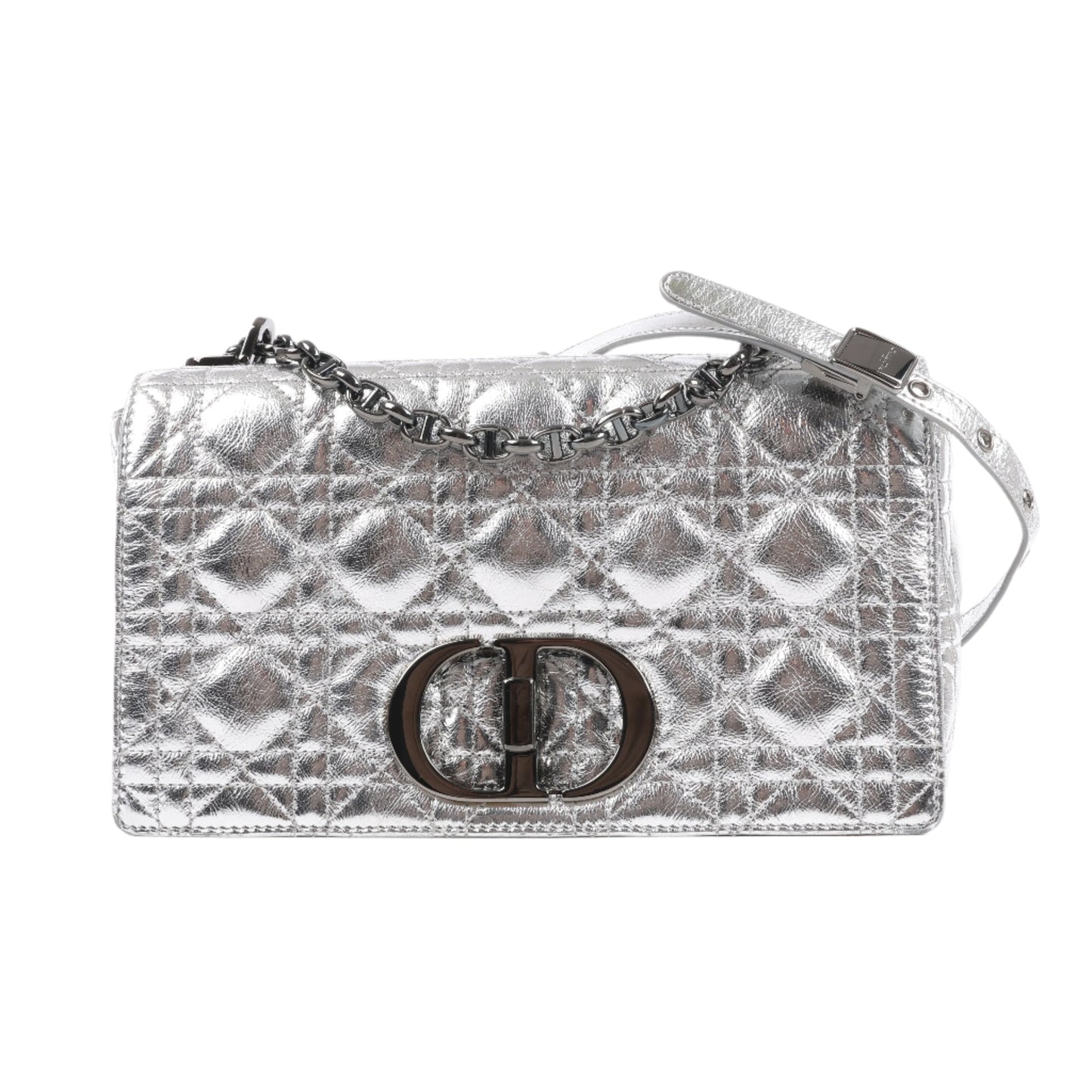 Dior Caro Leather Chain Shoulder Bag in Metallic Silver