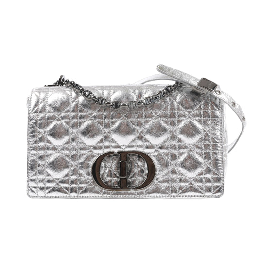 Dior Caro Leather Chain Shoulder Bag in Metallic Silver