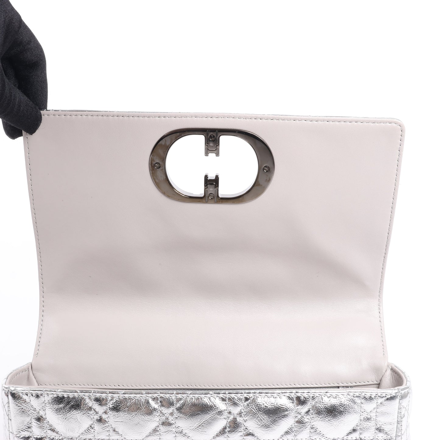 Dior Caro Leather Chain Shoulder Bag in Metallic Silver