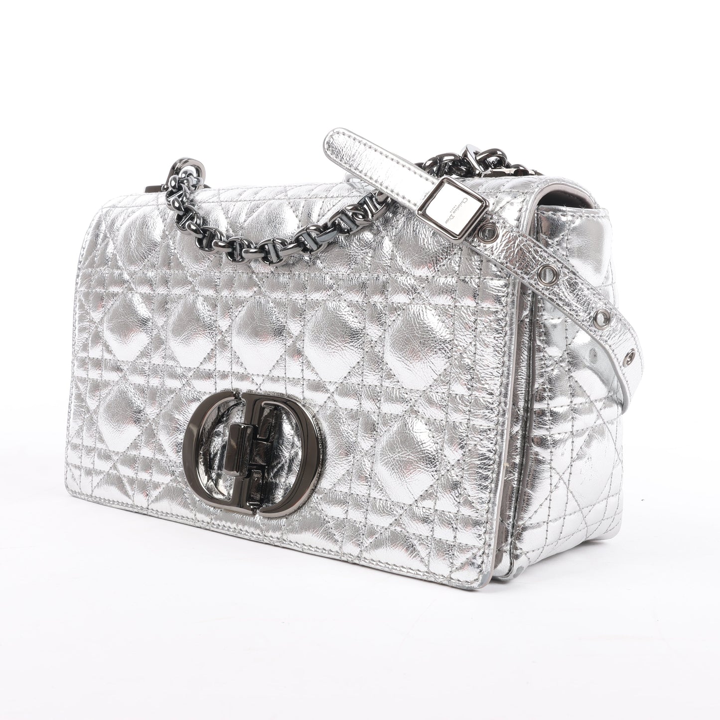Dior Caro Leather Chain Shoulder Bag in Metallic Silver