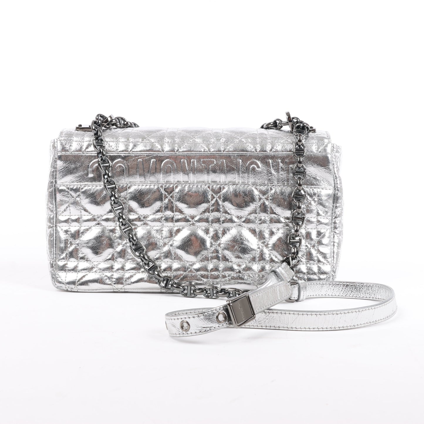 Dior Caro Leather Chain Shoulder Bag in Metallic Silver