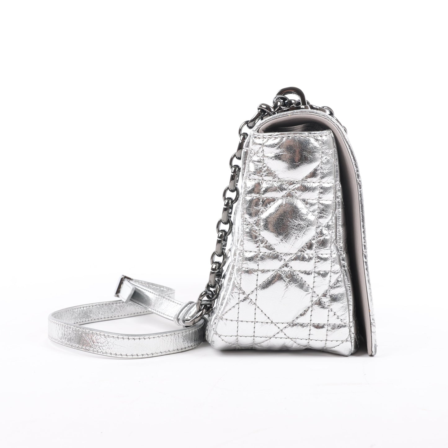 Dior Caro Leather Chain Shoulder Bag in Metallic Silver