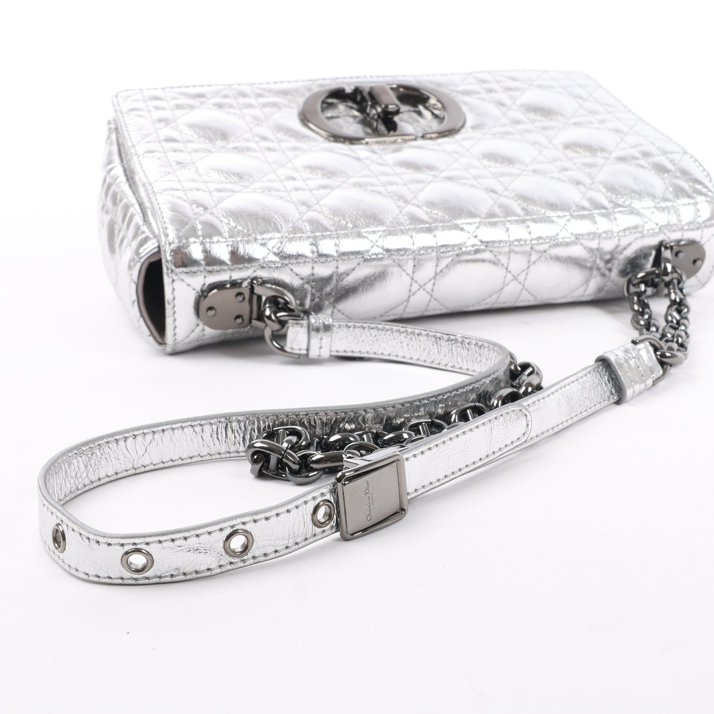 Dior Caro Leather Chain Shoulder Bag in Metallic Silver