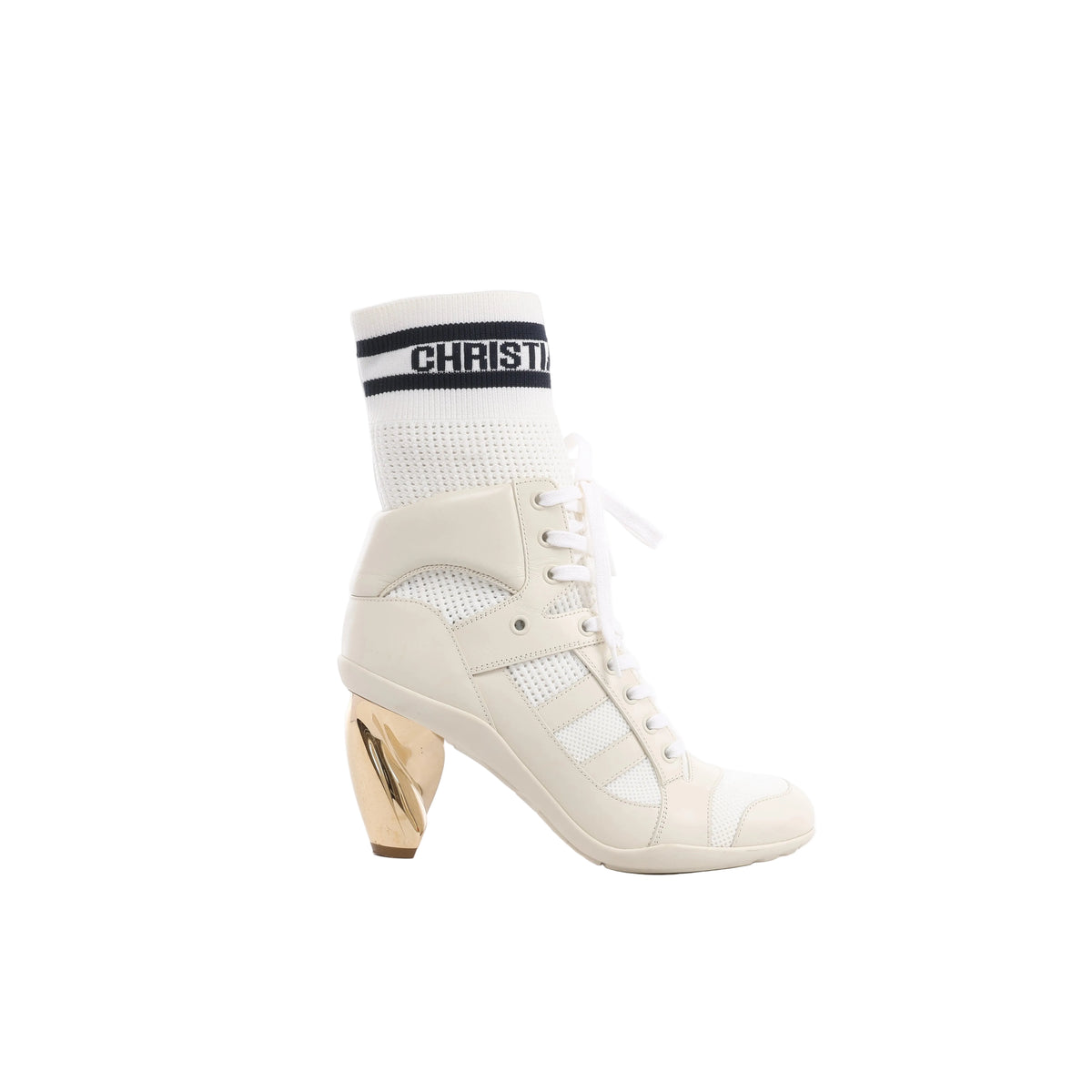 Side view of Christian Dior D-Zenith ivory ankle boot with lace-up front, white knitted logo cuff and sculptural gold-tone heel.