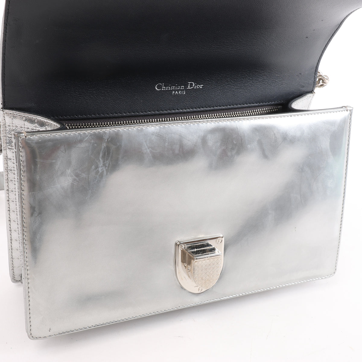 Christian Dior Diorama Cannage Patent Leather Chain Crossbody Bag in Silver