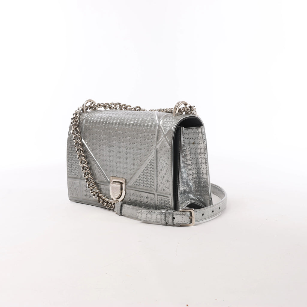 Christian Dior Diorama Cannage Patent Leather Chain Crossbody Bag in Silver
