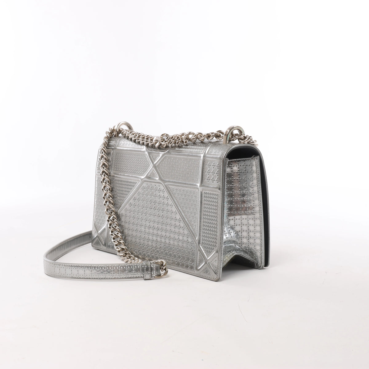 Christian Dior Diorama Cannage Patent Leather Chain Crossbody Bag in Silver