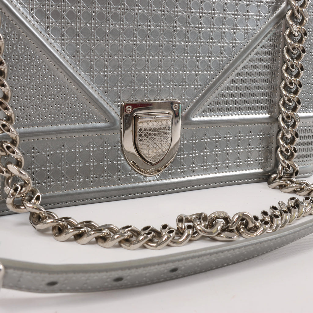 Christian Dior Diorama Cannage Patent Leather Chain Crossbody Bag in Silver