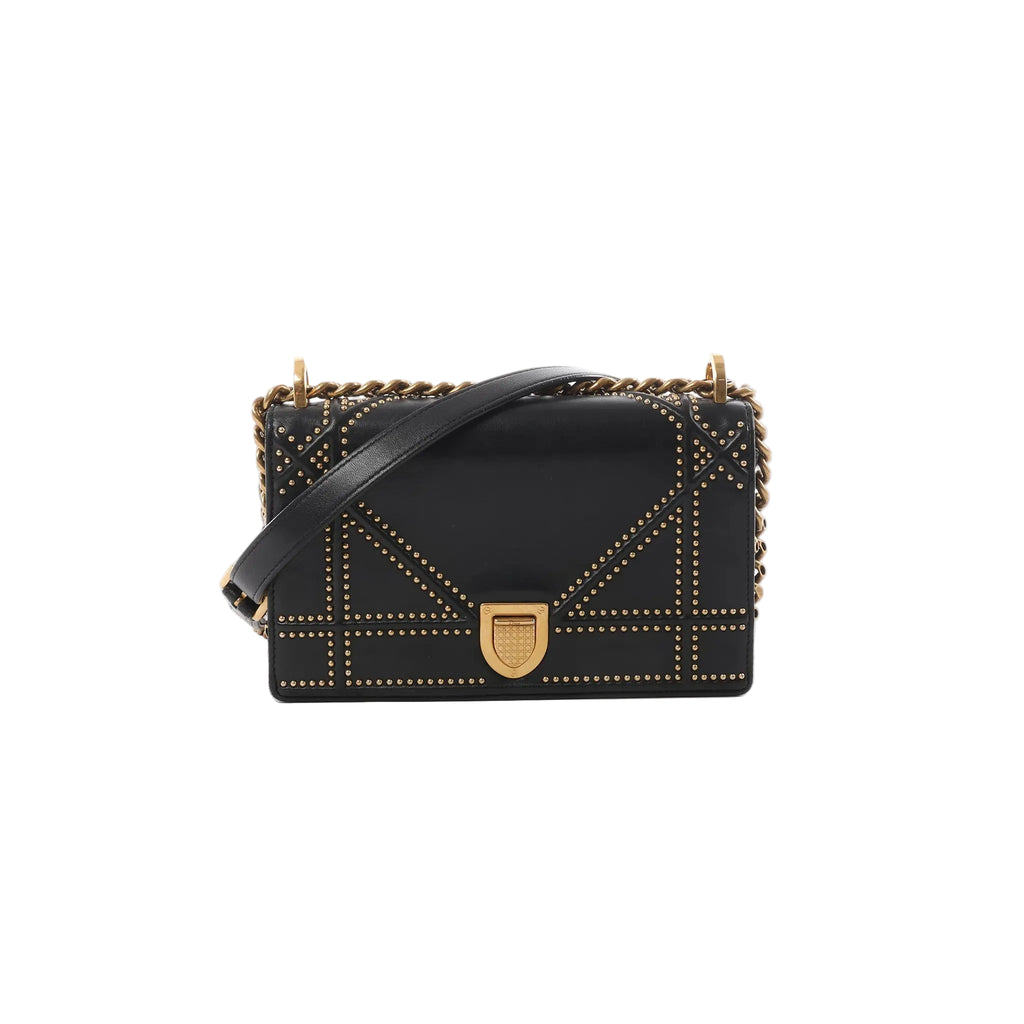 Black Dior Diorama leather shoulder bag with gold-tone studded trim, chunky chain strap, leather shoulder strap, and front clasp closure.