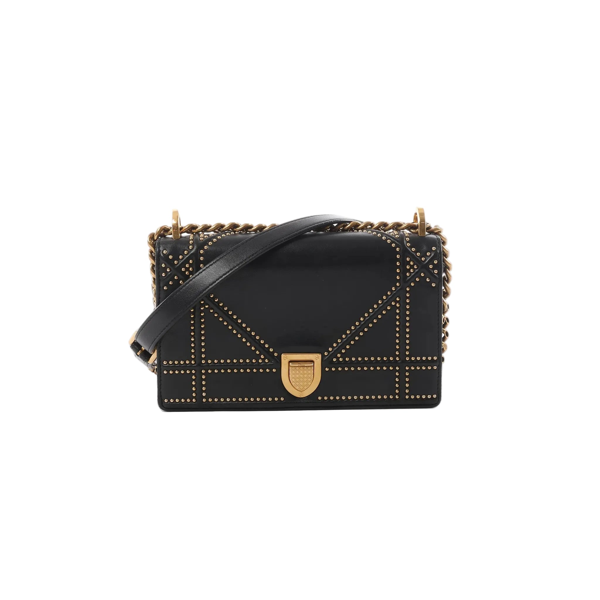 Black Dior Diorama leather shoulder bag with gold-tone studded trim, chunky chain strap, leather shoulder strap, and front clasp closure.