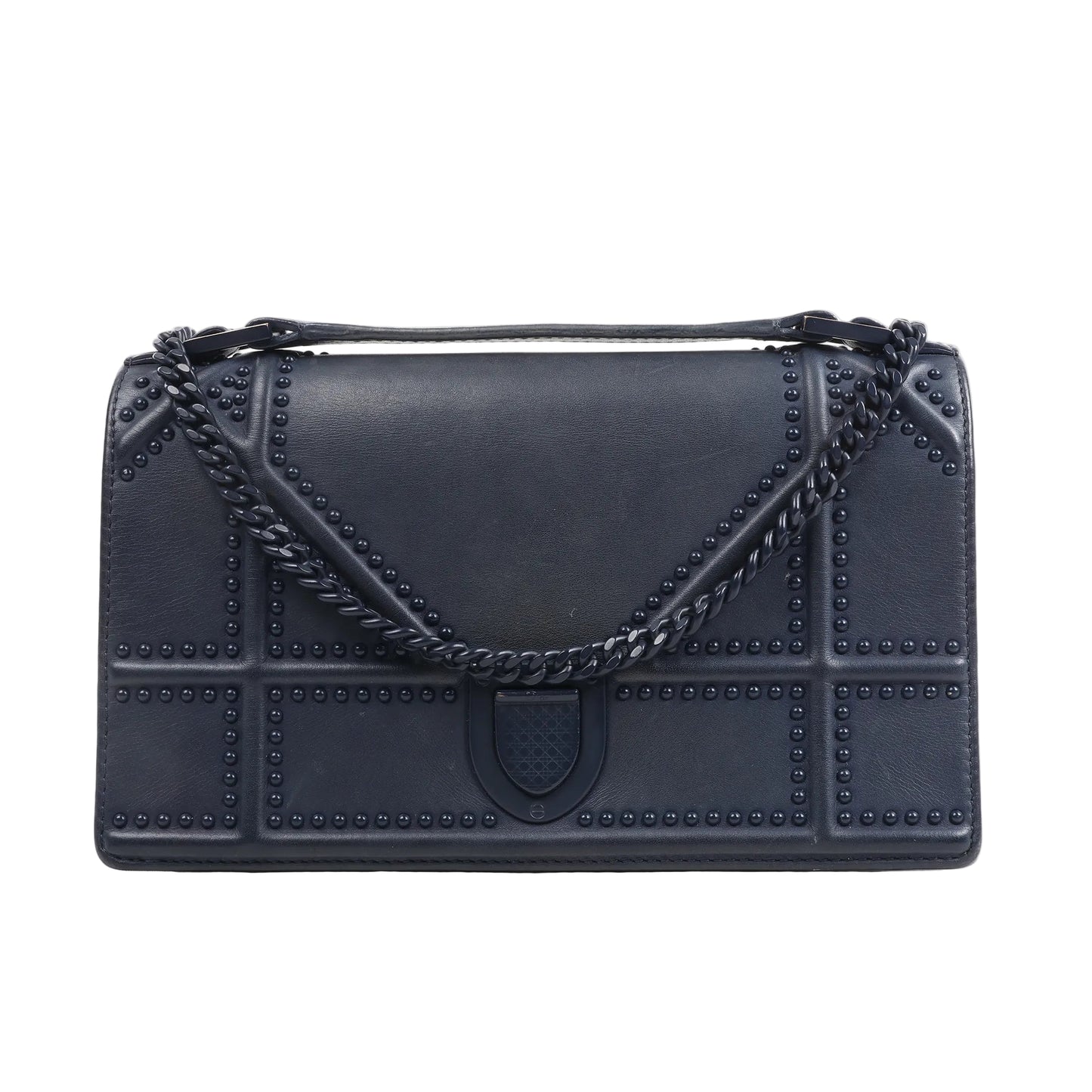 Christian Dior Diorama Chain Shoulder Bag in navy blue leather featuring geometric studded Cannage pattern, flap closure, and a dark navy chain shoulder strap, displayed on a white background.