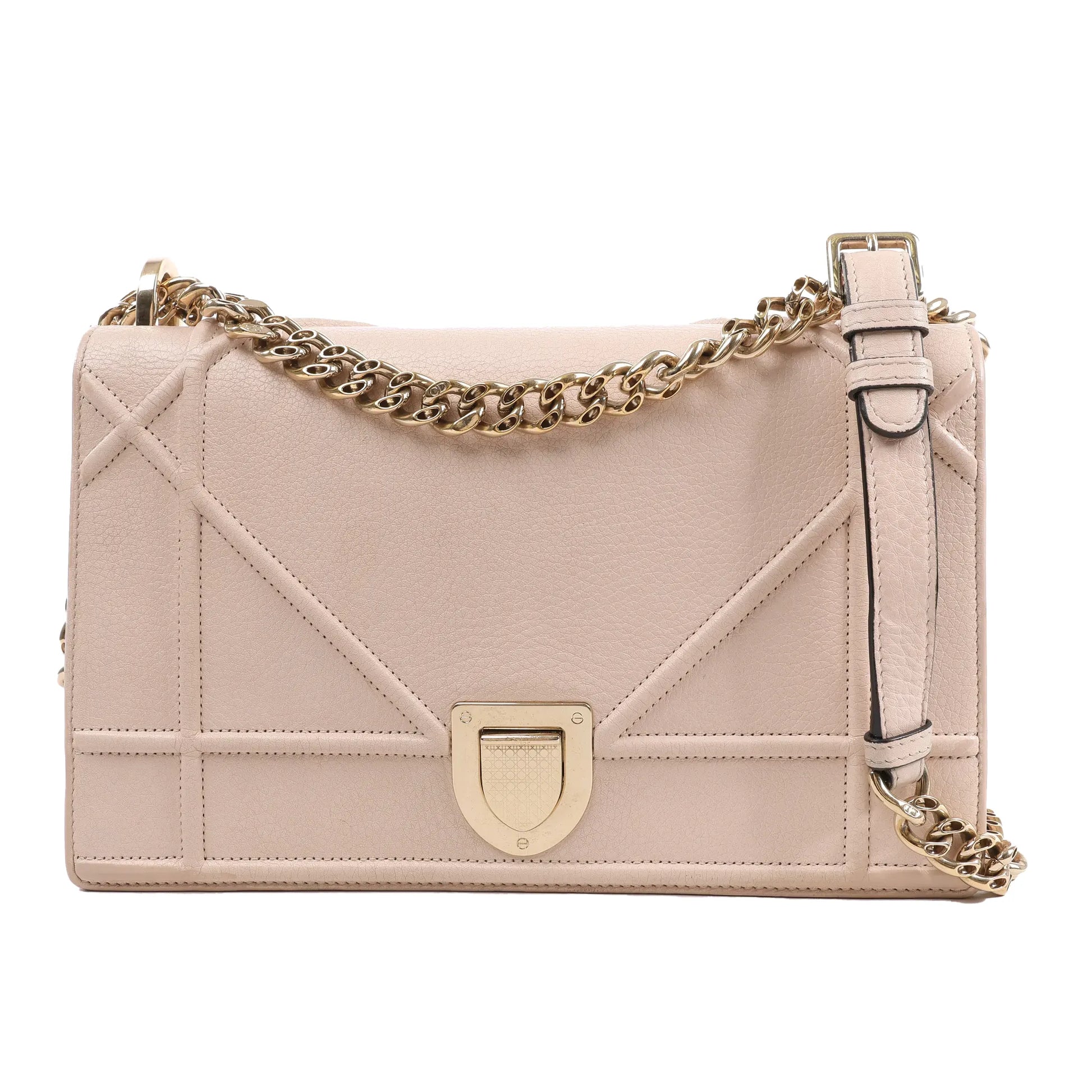 Dior Diorama Shoulder Bag in powder beige calfskin leather with signature geometric stitching, gold-tone crest clasp, and chunky chain strap, displayed against a white background.