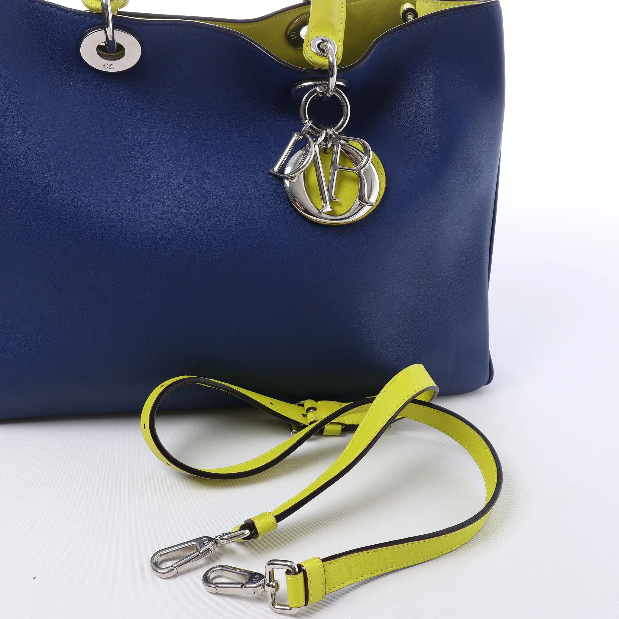 Dior Diorissimo Leather Large 2Way Handbag in Navy Blue x Yellow