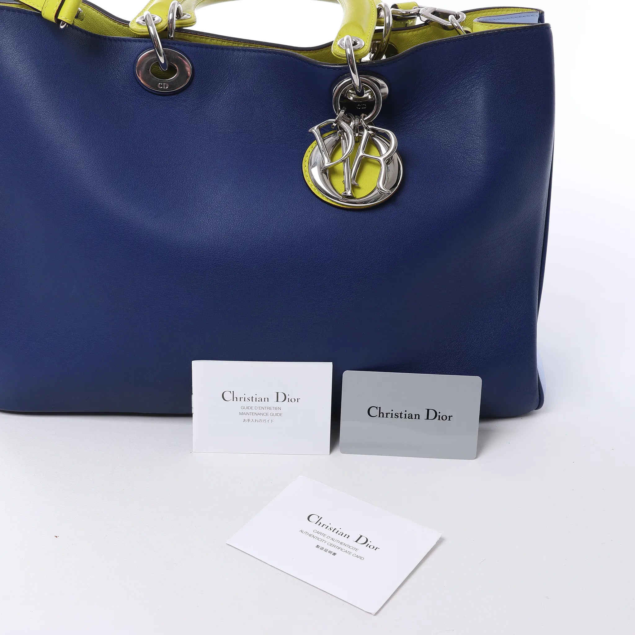 Dior Diorissimo Leather Large 2Way Handbag in Navy Blue x Yellow