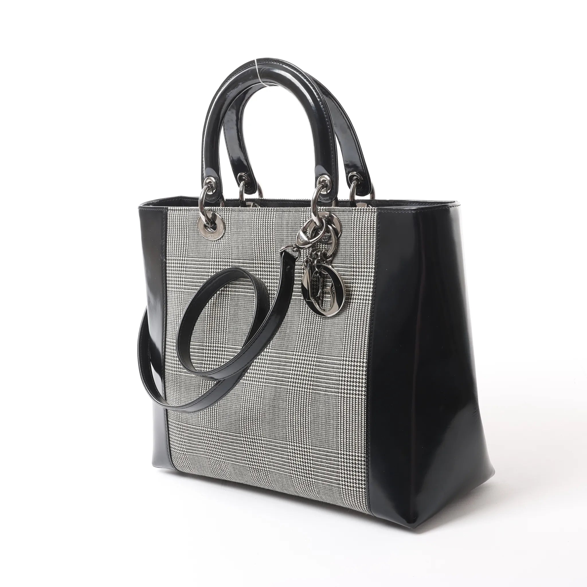 Dior Lady Dior Canvas x Patent Leather 2Way Handbag in Black x White