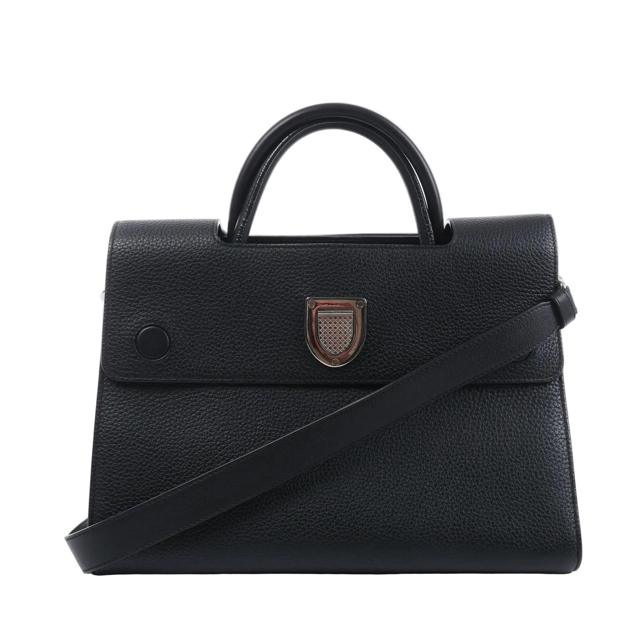 Front view of a black Dior Diorever grained leather handbag with a rounded top handle, silver-tone shield clasp and shoulder strap.