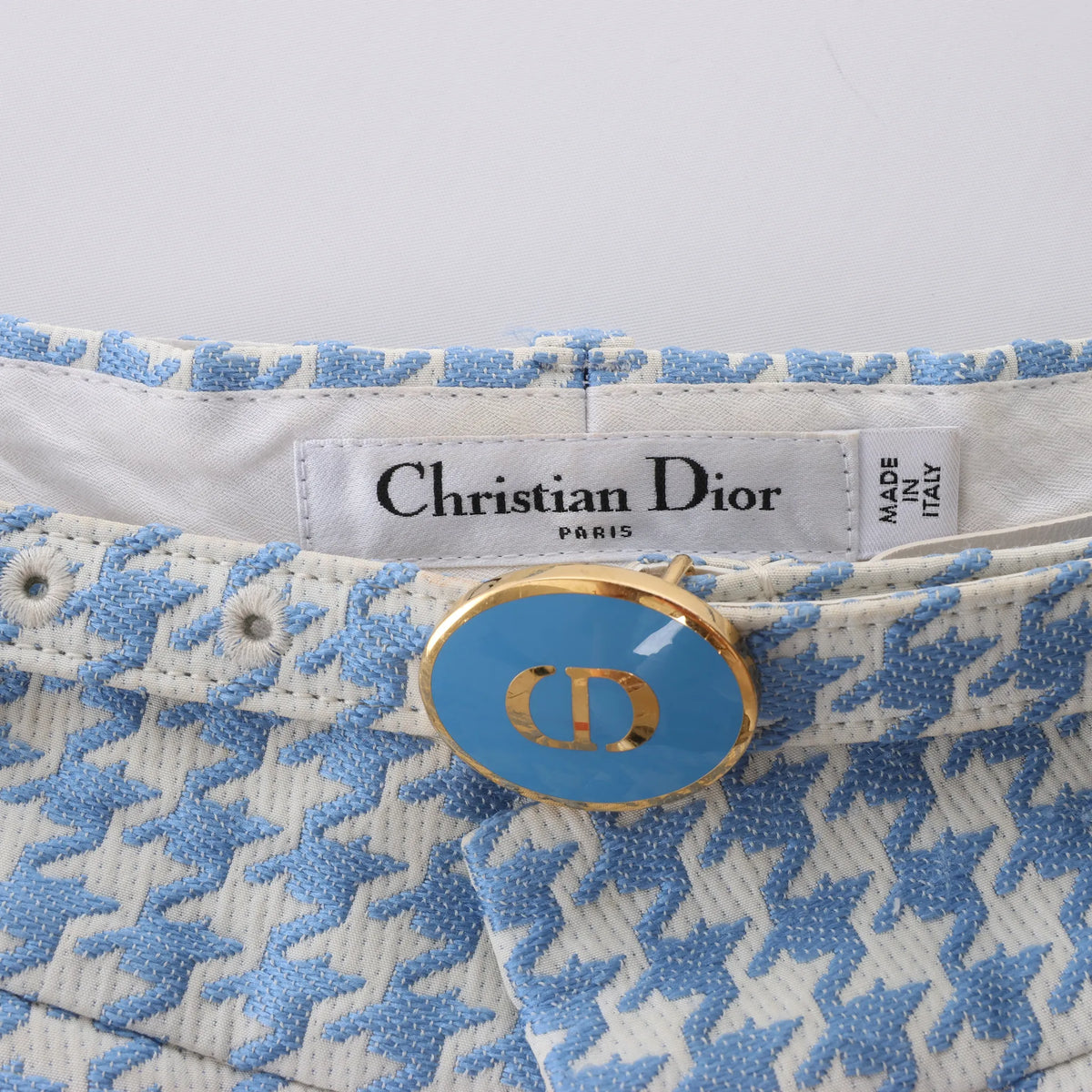 Christian Dior Houndstooth Cotton Belted Pants in Blue, Size FR 38