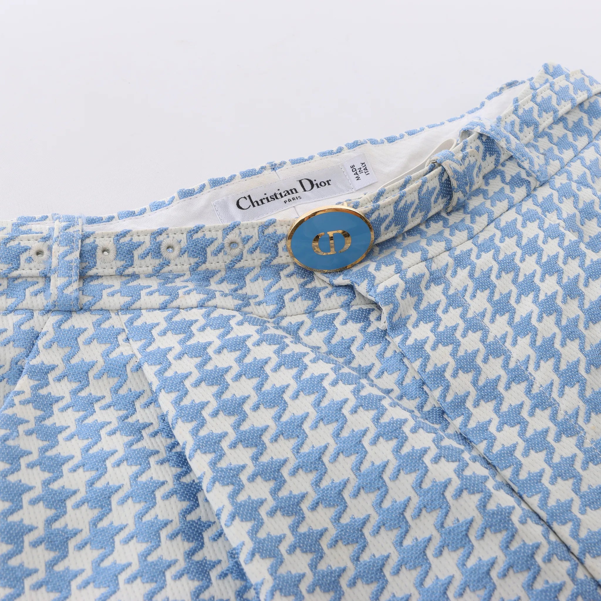 Christian Dior Houndstooth Cotton Belted Pants in Blue, Size FR 38